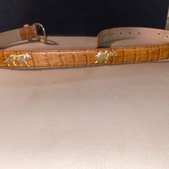 Leather Belt Tan Camel Brown 34 Small Vintage Animal Elephant Lion Metal Accent - Picture 12 of 13